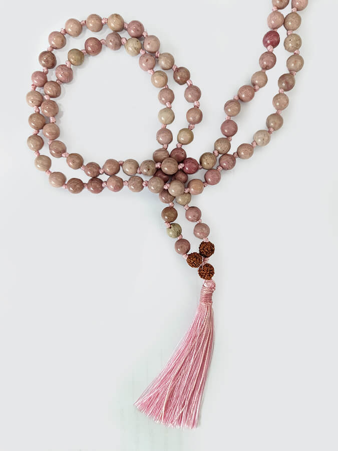 Yoga Studio Rhodochrosite Stone & Rudraksha Mala Beads