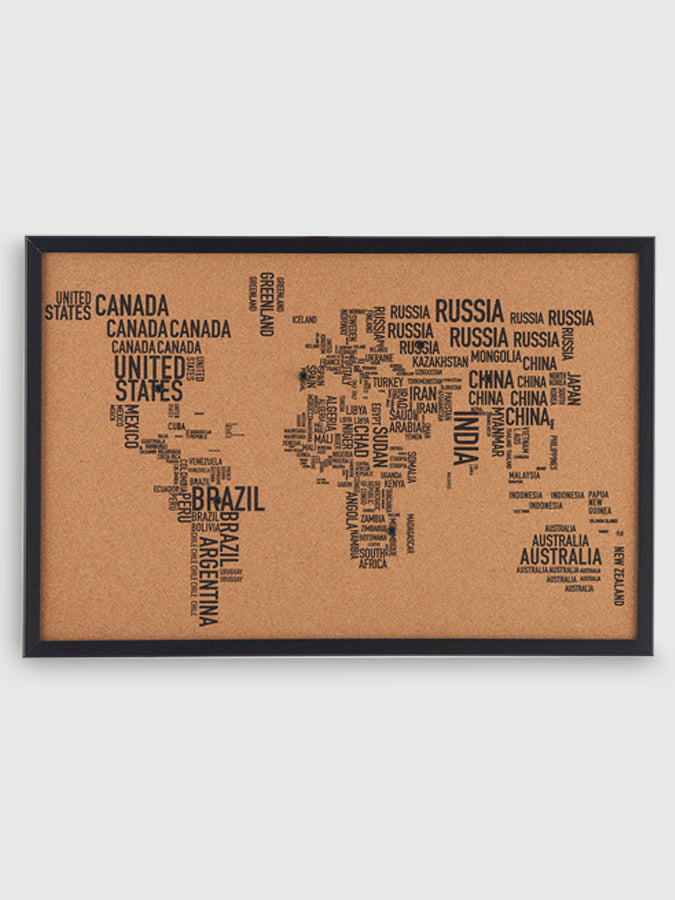 Cork Ethos Letters World Map Cork Memo Board, Black Frame 40 x 60cm